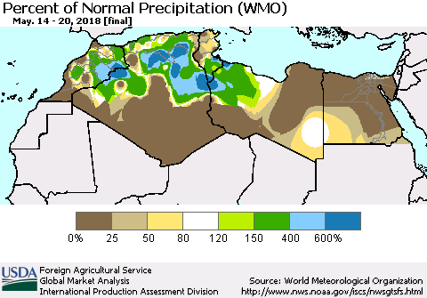 North Africa Percent of Normal Precipitation (WMO) Thematic Map For 5/14/2018 - 5/20/2018