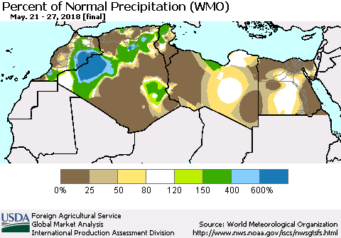 North Africa Percent of Normal Precipitation (WMO) Thematic Map For 5/21/2018 - 5/27/2018