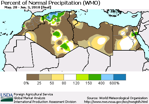 North Africa Percent of Normal Precipitation (WMO) Thematic Map For 5/28/2018 - 6/3/2018
