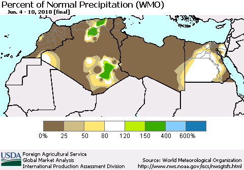 North Africa Percent of Normal Precipitation (WMO) Thematic Map For 6/4/2018 - 6/10/2018