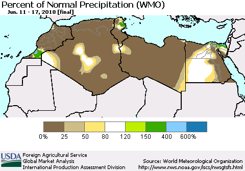 North Africa Percent of Normal Precipitation (WMO) Thematic Map For 6/11/2018 - 6/17/2018