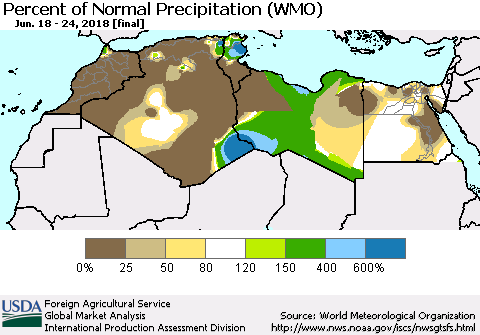 North Africa Percent of Normal Precipitation (WMO) Thematic Map For 6/18/2018 - 6/24/2018