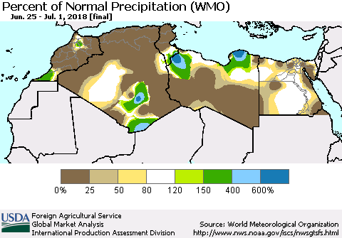 North Africa Percent of Normal Precipitation (WMO) Thematic Map For 6/25/2018 - 7/1/2018