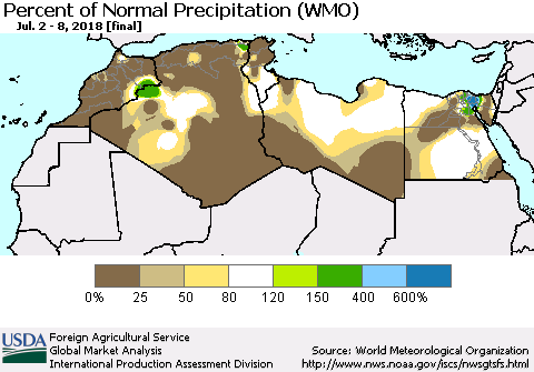 North Africa Percent of Normal Precipitation (WMO) Thematic Map For 7/2/2018 - 7/8/2018