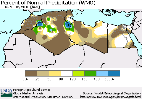 North Africa Percent of Normal Precipitation (WMO) Thematic Map For 7/9/2018 - 7/15/2018