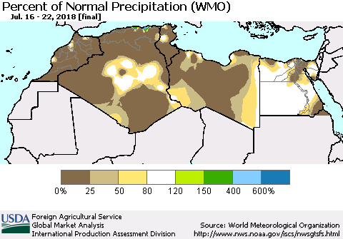 North Africa Percent of Normal Precipitation (WMO) Thematic Map For 7/16/2018 - 7/22/2018