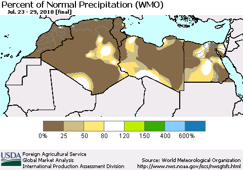 North Africa Percent of Normal Precipitation (WMO) Thematic Map For 7/23/2018 - 7/29/2018
