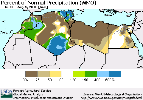 North Africa Percent of Normal Precipitation (WMO) Thematic Map For 7/30/2018 - 8/5/2018