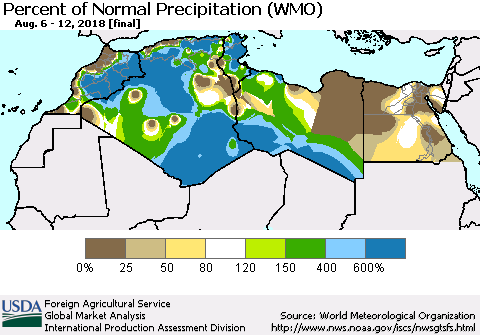 North Africa Percent of Normal Precipitation (WMO) Thematic Map For 8/6/2018 - 8/12/2018