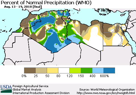 North Africa Percent of Normal Precipitation (WMO) Thematic Map For 8/13/2018 - 8/19/2018