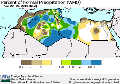 North Africa Percent of Normal Precipitation (WMO) Thematic Map For 8/20/2018 - 8/26/2018
