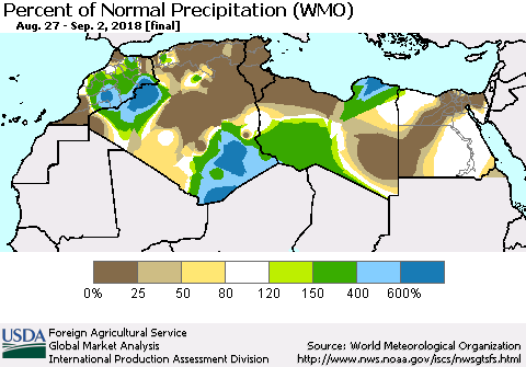 North Africa Percent of Normal Precipitation (WMO) Thematic Map For 8/27/2018 - 9/2/2018