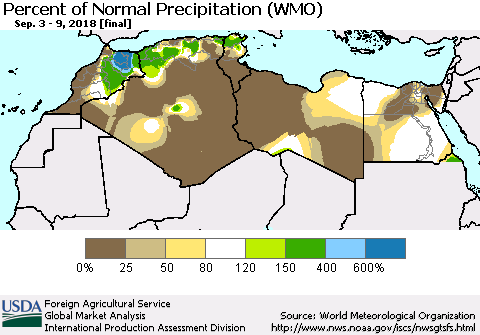 North Africa Percent of Normal Precipitation (WMO) Thematic Map For 9/3/2018 - 9/9/2018
