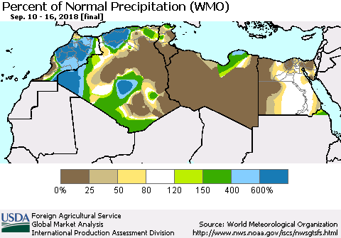 North Africa Percent of Normal Precipitation (WMO) Thematic Map For 9/10/2018 - 9/16/2018