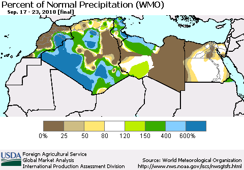 North Africa Percent of Normal Precipitation (WMO) Thematic Map For 9/17/2018 - 9/23/2018