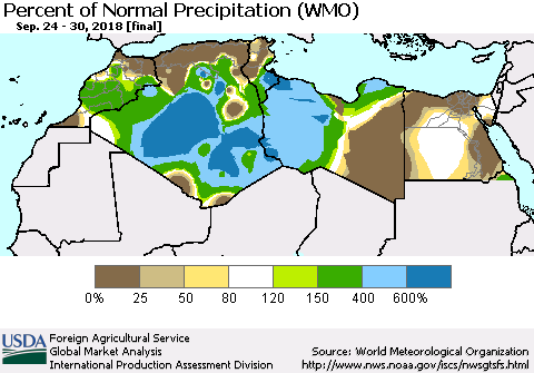 North Africa Percent of Normal Precipitation (WMO) Thematic Map For 9/24/2018 - 9/30/2018