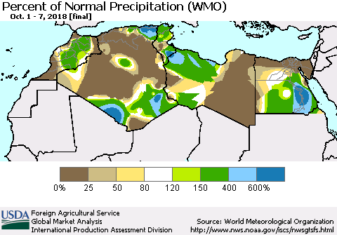 North Africa Percent of Normal Precipitation (WMO) Thematic Map For 10/1/2018 - 10/7/2018
