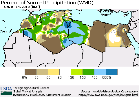 North Africa Percent of Normal Precipitation (WMO) Thematic Map For 10/8/2018 - 10/14/2018