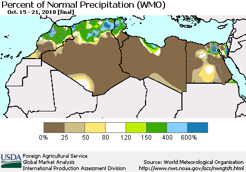 North Africa Percent of Normal Precipitation (WMO) Thematic Map For 10/15/2018 - 10/21/2018