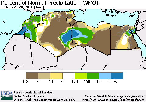 North Africa Percent of Normal Precipitation (WMO) Thematic Map For 10/22/2018 - 10/28/2018