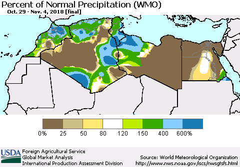 North Africa Percent of Normal Precipitation (WMO) Thematic Map For 10/29/2018 - 11/4/2018