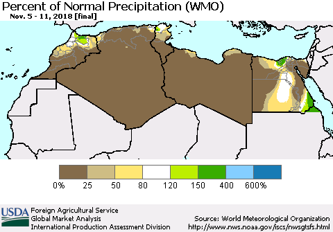 North Africa Percent of Normal Precipitation (WMO) Thematic Map For 11/5/2018 - 11/11/2018