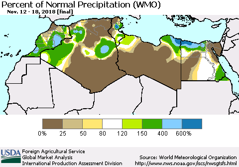 North Africa Percent of Normal Precipitation (WMO) Thematic Map For 11/12/2018 - 11/18/2018