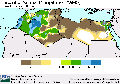 North Africa Percent of Normal Precipitation (WMO) Thematic Map For 11/19/2018 - 11/25/2018