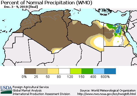 North Africa Percent of Normal Precipitation (WMO) Thematic Map For 12/3/2018 - 12/9/2018