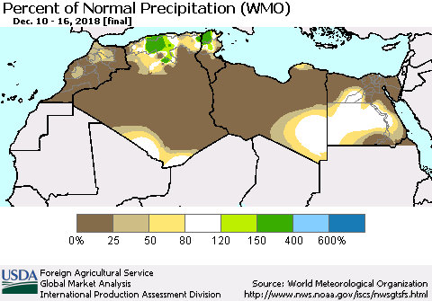 North Africa Percent of Normal Precipitation (WMO) Thematic Map For 12/10/2018 - 12/16/2018