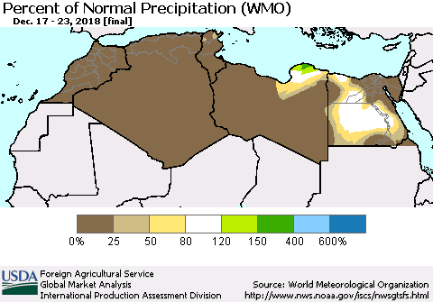 North Africa Percent of Normal Precipitation (WMO) Thematic Map For 12/17/2018 - 12/23/2018