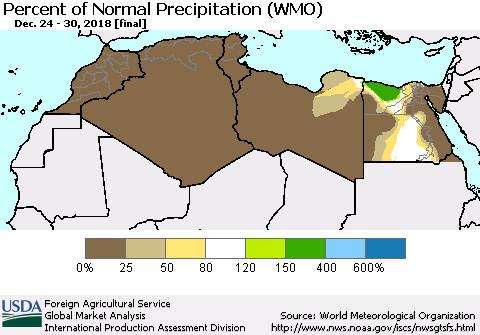 North Africa Percent of Normal Precipitation (WMO) Thematic Map For 12/24/2018 - 12/30/2018