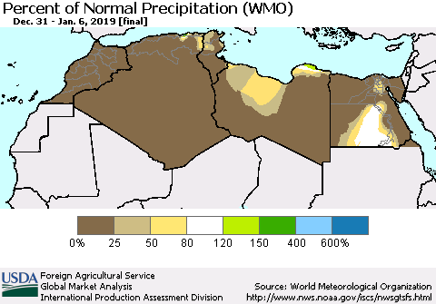 North Africa Percent of Normal Precipitation (WMO) Thematic Map For 12/31/2018 - 1/6/2019