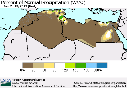 North Africa Percent of Normal Precipitation (WMO) Thematic Map For 1/7/2019 - 1/13/2019