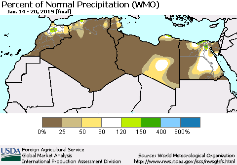 North Africa Percent of Normal Precipitation (WMO) Thematic Map For 1/14/2019 - 1/20/2019