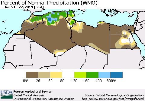 North Africa Percent of Normal Precipitation (WMO) Thematic Map For 1/21/2019 - 1/27/2019