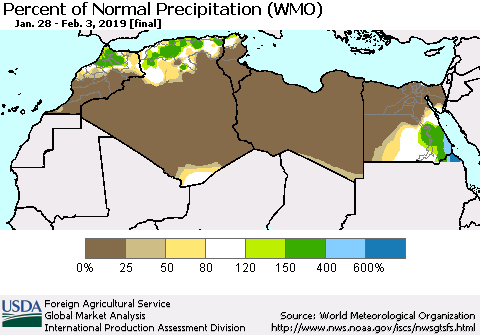 North Africa Percent of Normal Precipitation (WMO) Thematic Map For 1/28/2019 - 2/3/2019