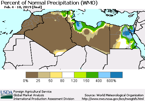 North Africa Percent of Normal Precipitation (WMO) Thematic Map For 2/4/2019 - 2/10/2019