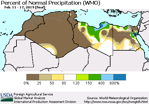 North Africa Percent of Normal Precipitation (WMO) Thematic Map For 2/11/2019 - 2/17/2019