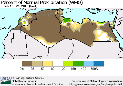 North Africa Percent of Normal Precipitation (WMO) Thematic Map For 2/18/2019 - 2/24/2019