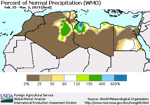 North Africa Percent of Normal Precipitation (WMO) Thematic Map For 2/25/2019 - 3/3/2019
