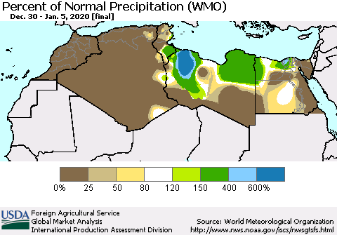 North Africa Percent of Normal Precipitation (WMO) Thematic Map For 12/30/2019 - 1/5/2020