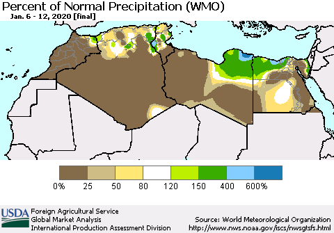 North Africa Percent of Normal Precipitation (WMO) Thematic Map For 1/6/2020 - 1/12/2020
