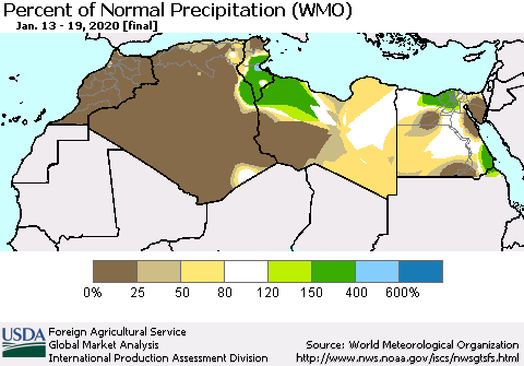 North Africa Percent of Normal Precipitation (WMO) Thematic Map For 1/13/2020 - 1/19/2020