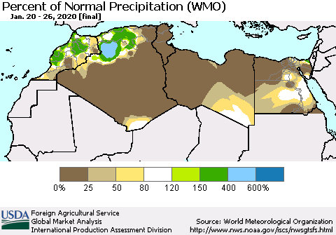 North Africa Percent of Normal Precipitation (WMO) Thematic Map For 1/20/2020 - 1/26/2020