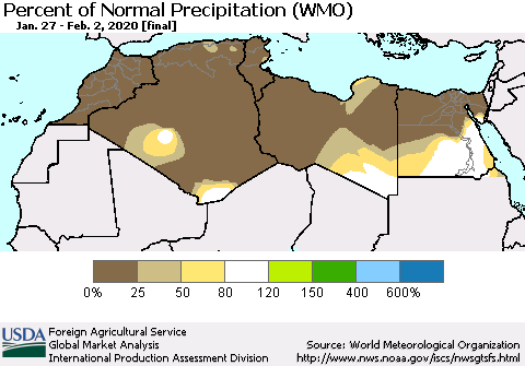 North Africa Percent of Normal Precipitation (WMO) Thematic Map For 1/27/2020 - 2/2/2020