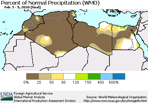 North Africa Percent of Normal Precipitation (WMO) Thematic Map For 2/3/2020 - 2/9/2020