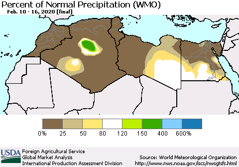 North Africa Percent of Normal Precipitation (WMO) Thematic Map For 2/10/2020 - 2/16/2020