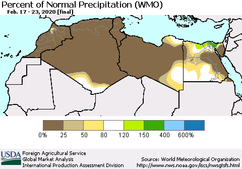 North Africa Percent of Normal Precipitation (WMO) Thematic Map For 2/17/2020 - 2/23/2020