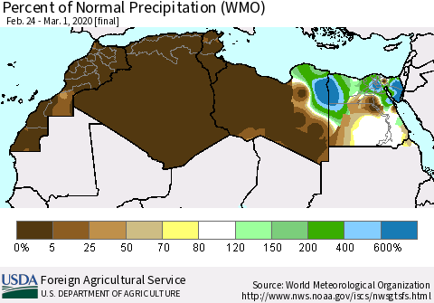 North Africa Percent of Normal Precipitation (WMO) Thematic Map For 2/24/2020 - 3/1/2020